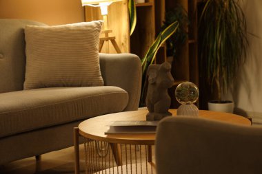 Akşamları oturma odasının içinde dekorasyon ve dergi bulunan ahşap sehpa, yakın plan.