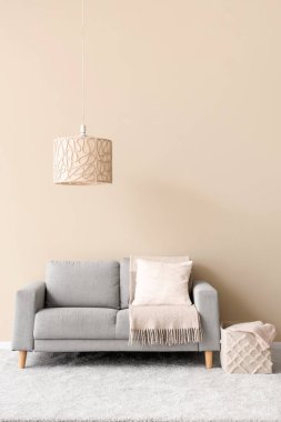 Beyaz oturma odası, rahat kanepe, halı, lamba ve yastıklı.