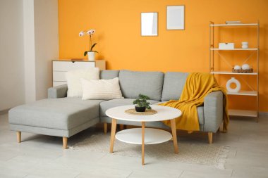 Ekose ve yastıklı rahat bir kanepe, sehpa, raf ünitesi ve oturma odasında orkideli çekmeceler.