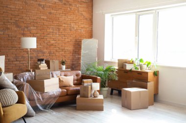 Taşındığı gün oturma odasında karton kutular ve lamba olan kanepe