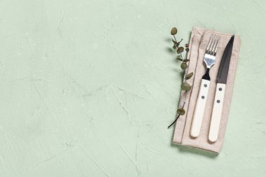 Açık yeşil grunge arka planda, çatal bıçaklı peçete ve okaliptüs.