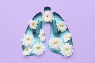 Kasımpatı çiçekleri ve mavi arka planda astım spreyleri ile akciğer şeklinde leylak kağıt kes