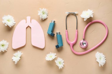 Astım spreyleri steteskop, kağıt akciğerler ve bej renginde kasımpatı çiçekleri.