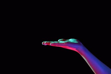 Koyu arkaplanda bir şey tutan tonlanmış kadın eli.