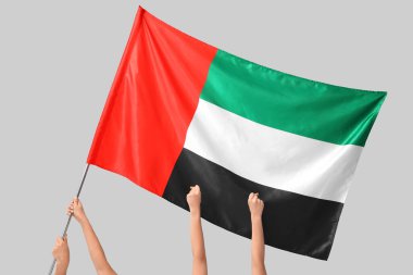 Hafif arkaplanda BAE bayrağı sallayan kadın eller