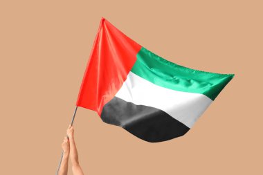 Bej arka planda BAE bayrağı sallayan kadın elleri