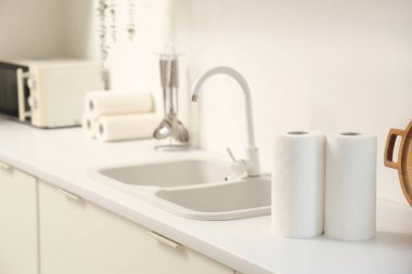 Mutfakta lavabonun yanında kağıt havlu ruloları.