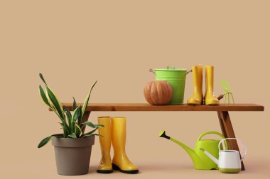 Bej arka planda bitki, balkabağı ve bahçe malzemesi bankı.