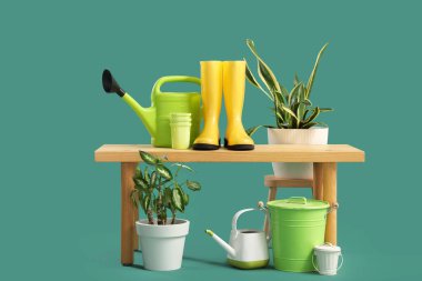 Yeşil arka planda bitkilerle ve bahçe malzemeleriyle bankta.