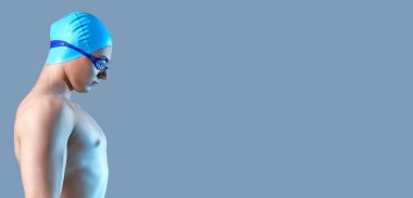 Metin için alanı olan mavi arkaplanda erkek yüzücü