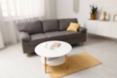 Yastıklı rahat bir kanepe ve oturma odasının içinde kitap ve dekor olan bir sehpa. Bulanık görünüm