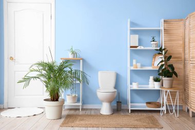 Tuvaletin içinde klozet, raf ünitesi ve mavi duvarın yanında bitki var.