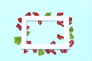 Taze kırmızı üzümlü kağıt çerçeve ve mavi arka planda yapraklar