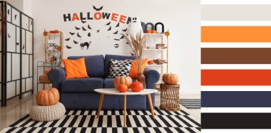 Cadılar Bayramı için hayaletler ve balkabaklarıyla dekore edilmiş modern oturma odasının içi.