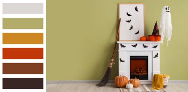 Cadılar Bayramı için dekore edilmiş odanın içinde hayalet, şömine ve cadı süpürgesi var.