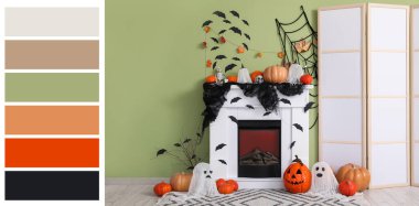 Yeşil duvarın yanındaki şöminede birçok farklı Cadılar Bayramı süslemeleri var.