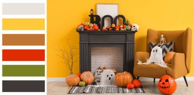 Sarı duvarın yanında farklı Cadılar Bayramı süslemeleri olan koltuk ve şömine.