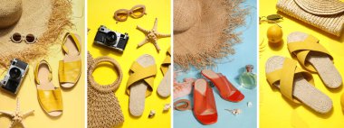 Sarı ve mavi arka planda kadın plaj aksesuarları kolajı