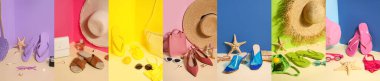 Arka planda kadın plaj aksesuarları kolajı