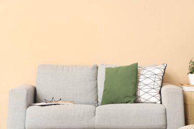 Oturma odasında yastıklı ve gözlüklü rahat bir kanepe.