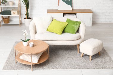 Konforlu kanepe ve zeytin yastıklı bir oturma odası.