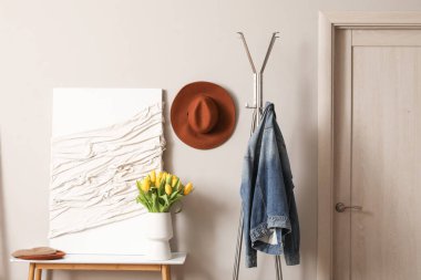 Elbise askısı olan şık koridorun modern iç mimarisi.