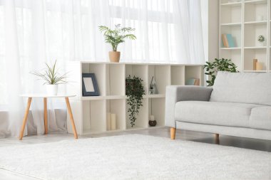 Oturma odasının içinde kanepe, raf ünitesi ve çiçek var.