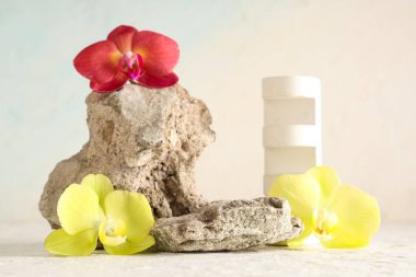 Beyaz arka planda güzel orkide çiçekleri olan taşlar ve dekoratif podyum