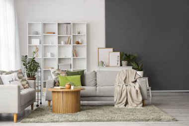 Kareli kanepeler, yastıklar, sehpa ve raflar oturma odasında.