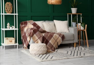 Kanepe ve örgü battaniyeli oturma odasının içinde.