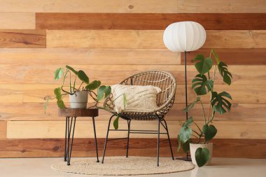 Hasır koltuğu, lambası ve ahşap duvarın yanında bitkileri olan bir oda.