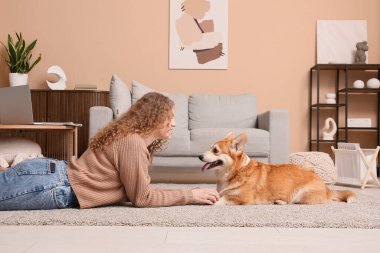 Şirin Corgi köpeği ve sahibi oturma odasında yüz yüze yerde yatıyor.