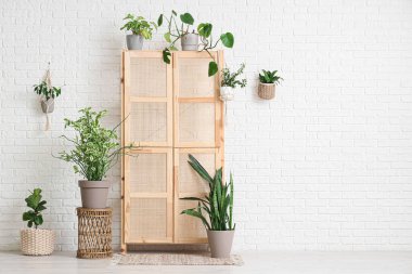 Odasında beyaz tuğla duvarın yanında farklı ev bitkileri olan ahşap gardırop.