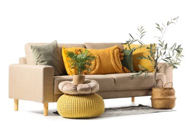 Modern bej kanepe, ev bitkileri ve puflar beyaz arka planda izole edilmiş.