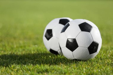 Yeşil stadyum çimlerinde futbol topları