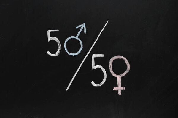 Простая доля с женскими и мужскими гендерными символами на черном фоне. Понятие феминизма