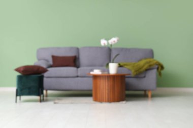 Gri kanepe, sehpa ve sehpa ile oturma odasının bulanık görüntüsü