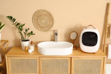 Lavabo, kapalı küçük buzdolabı ve kozmetik ürünleri banyodaki bej duvarın yanındaki çekmecelerin üzerinde. Yakın çekim.