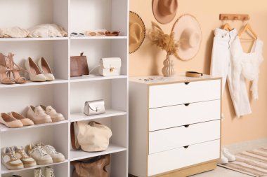 Farklı kadın ayakkabıları, aksesuarları, çekmeceleri ve renkli duvarda asılı giysileri olan raf ünitesi.