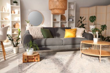 Gri kanepesi, sehpası ve aynası olan şık bir oturma odası.