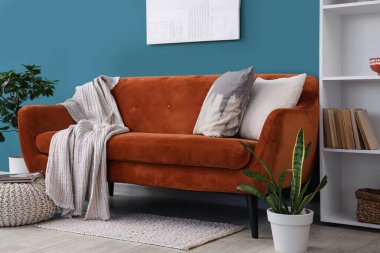 Mavi duvarın yanında ekose ve yastıklı rahat kahverengi kanepe, yakın çekim.