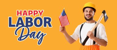 Sarı arka planda baltası ve baltası olan itfaiyeci. İşçi Bayramı kutlamaları