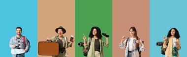 Renk arkaplanı üzerinde genç gezginlerin koleksiyonu