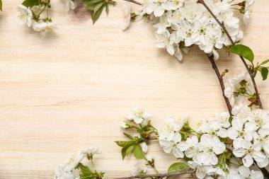 Ahşap arka planda çiçek açan güzel dallar.