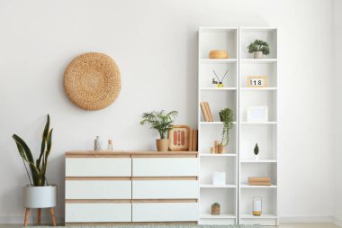 Aroma yayıcı ve ev bitkisi oturma odasının iç tarafındaki çekmeceler ve raf ünitesinde.