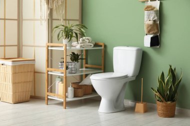 Klozet, raf ünitesi, çamaşır sepeti ve tuvaletteki yeşil duvardaki saksı.