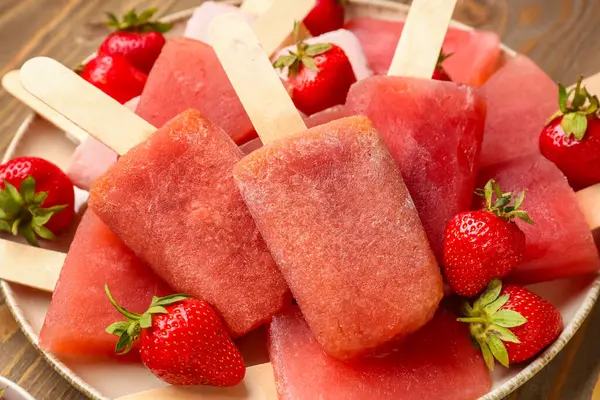 Tatlı çilekli dondurma tabağı, yakın plan.