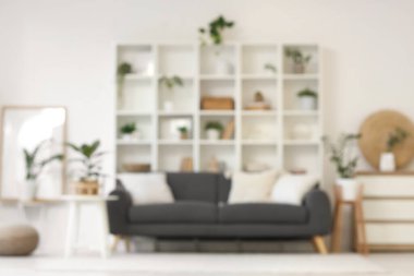 Siyah kanepesi, raf ünitesi ve yeşil bitkileriyle aydınlık oturma odasının bulanık görüntüsü