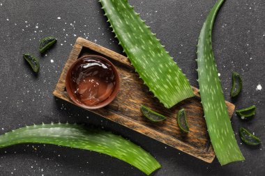 Ahşap tepsi, taze aloe vera jeli kase ve siyah grunge arka planda yapraklar.