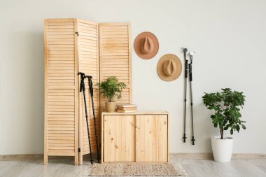 Odanın içinde İskandinav yürüyüş direkleri, katlanan ekran ve şapkalar var.